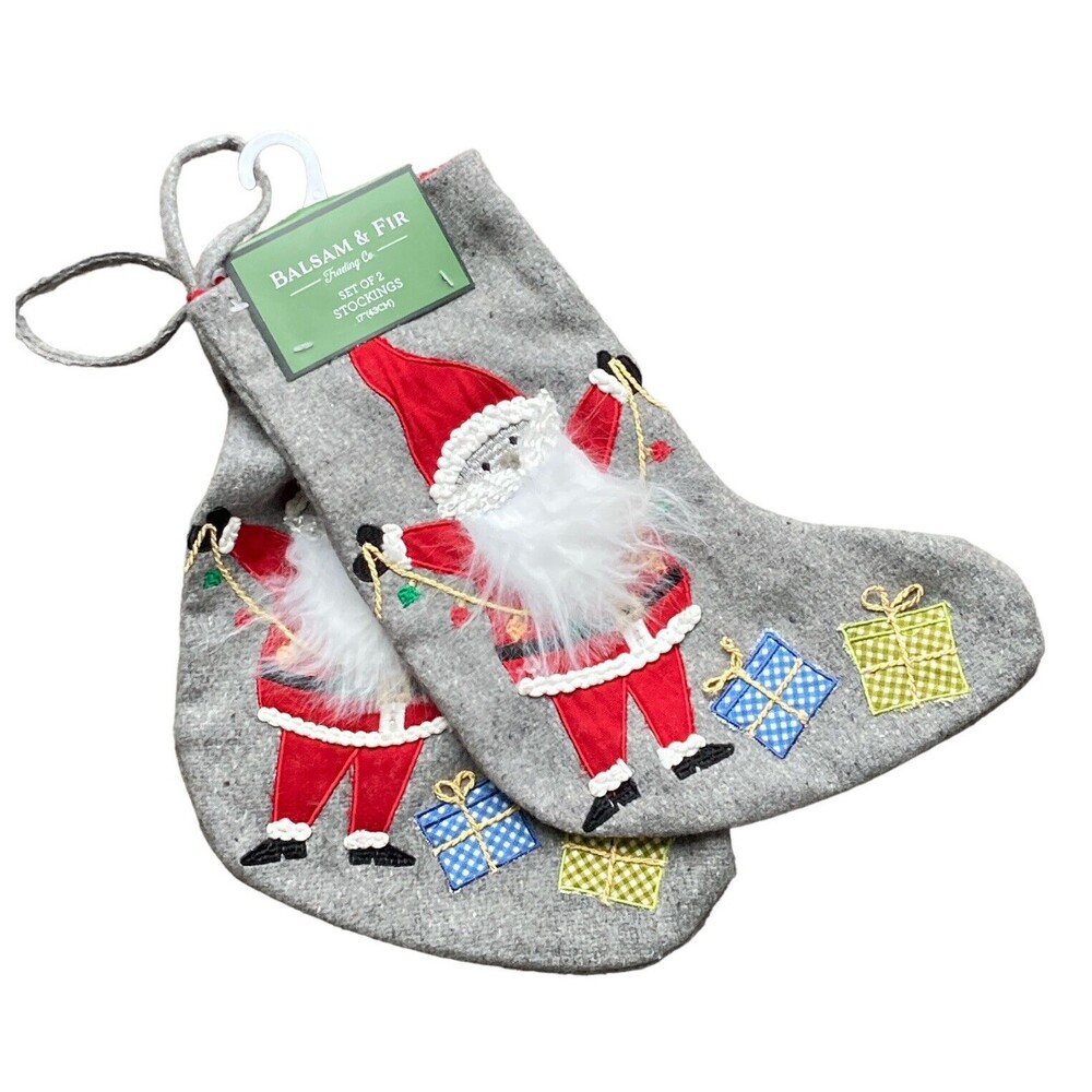 2 Balsam & Fir Trading Co Gray Christmas Holiday Stockings Santa Embroidered New